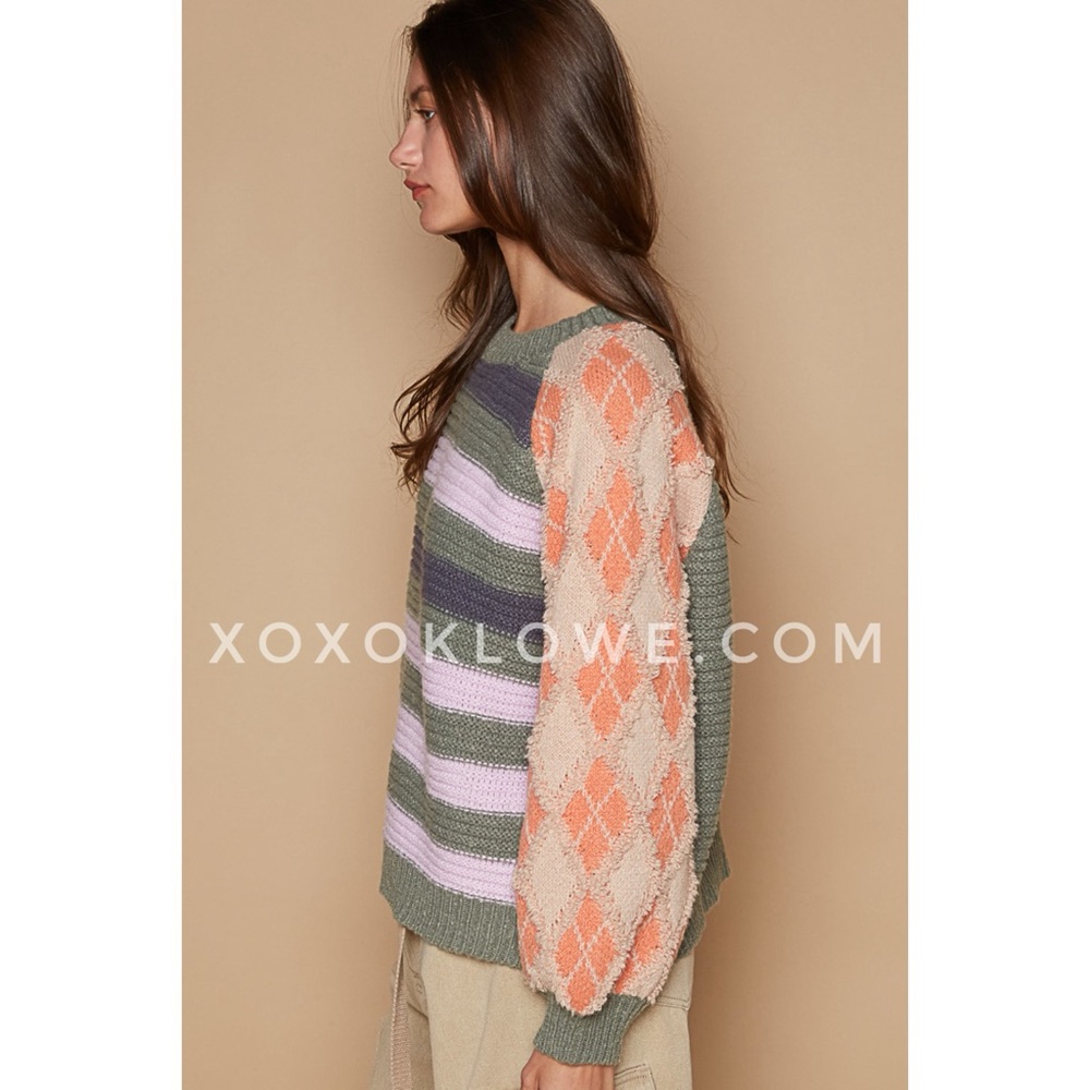 POL Olive Pink Stripped Balloon Sleeve Sweater Relaxed Fit - Picture 10 of 13